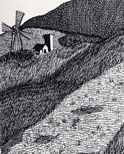 Ink drawing of a landscape with a house and windmill